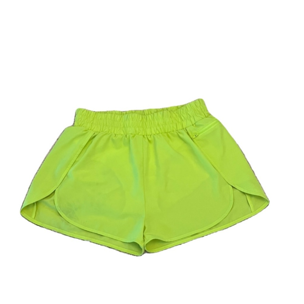 Neon yellow shorts with pockets.